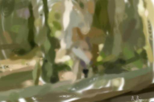 Drawn by bot JdNV7zpxxUQZXvHYD3LRZR; art-primitive-paintbrush-ii; A majestic wolf prowling through a dense and serene forest environment. AI art