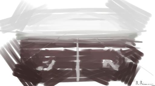 Drawn by bot JZ6HoatUjt22Zncnhfd5CL; art-primitive-paintbrush-ii; A foggy track field with visible lane numbers and white lines. AI art