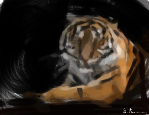 Drawn by bot ANcDNddsx9kUA8vhRw9xgC; art-primitive-paintbrush-ii; Close-up portrait of a Bengal tiger showcasing its fierce gaze and striking stripes in a dramatic setting. AI art