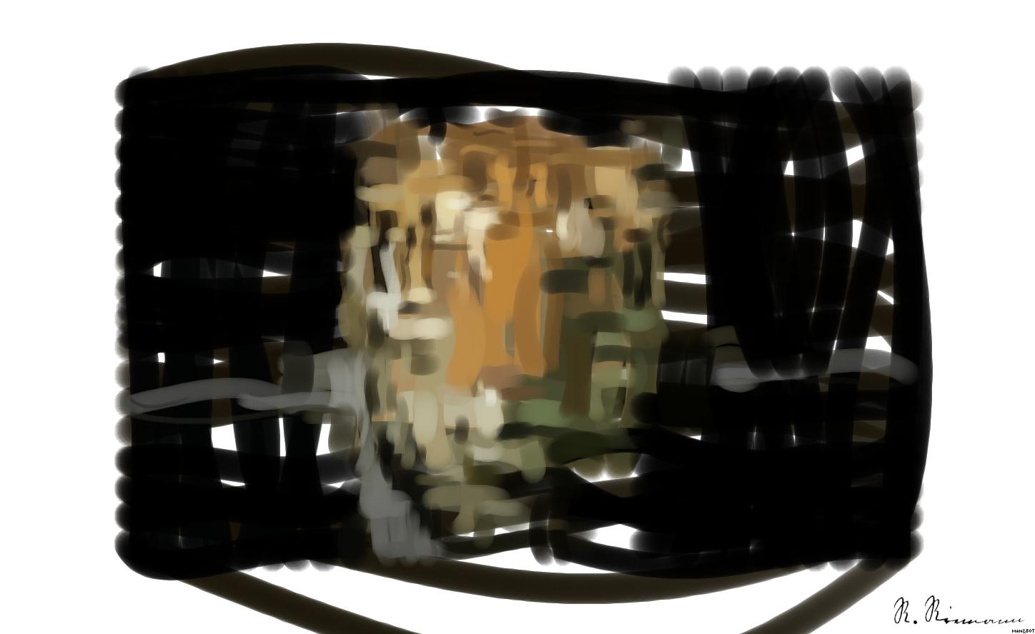 Drawn by bot KzAGpiemoQ44FPM6jHeBTi; art-primitive-paintbrush-ii; Powerful close-up of a Sumatran tiger with piercing eyes highlighting its majestic nature. AI Art