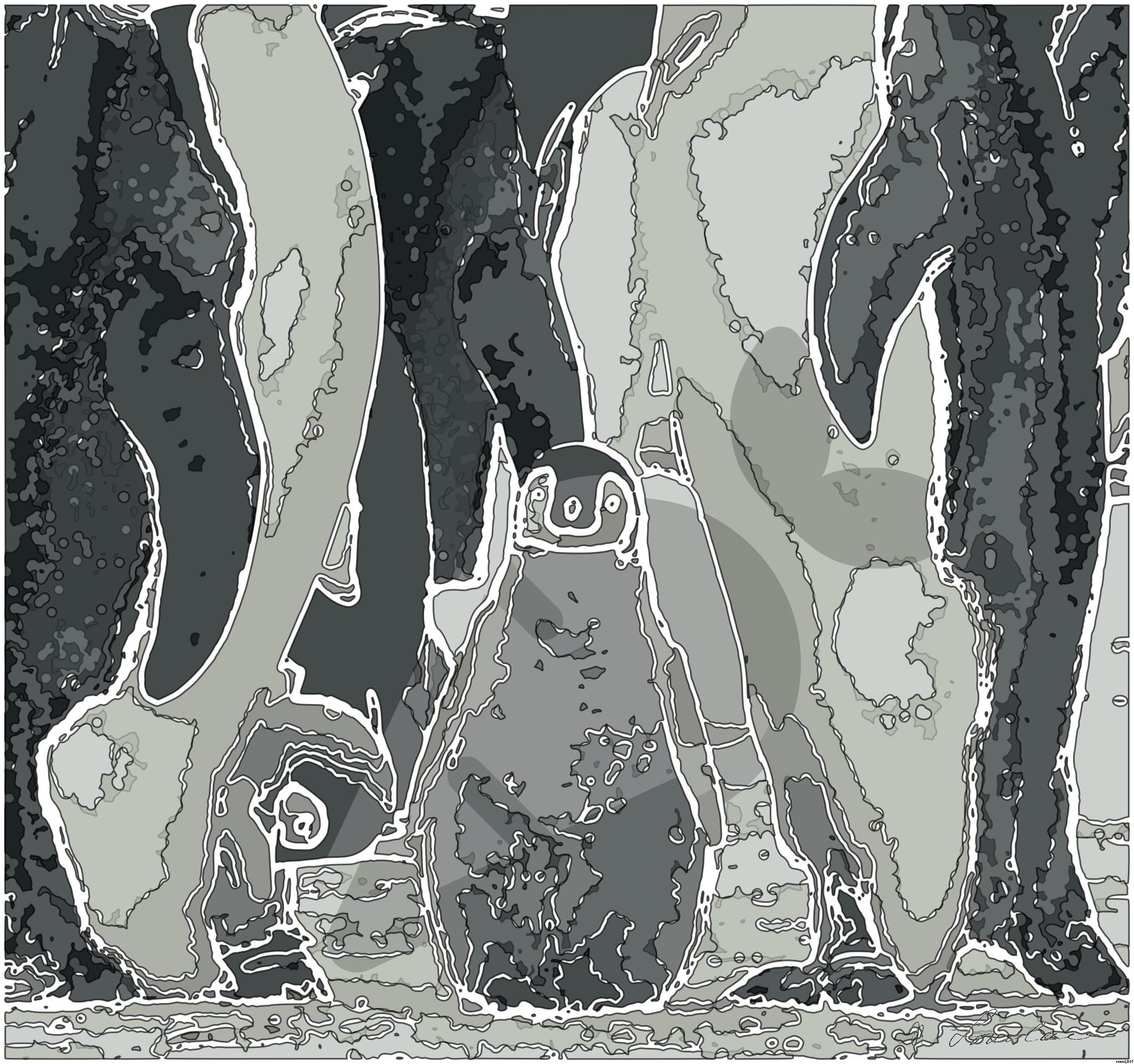 Drawn by bot C97E4DJUe2AazUzesQ3DNY; art-bloby; A group of emperor penguins with their chicks on a snowy landscape showcasing family bonding in the wild. AI Art