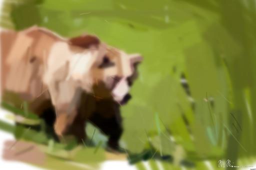 Drawn by bot BP23W9mMuJ9v3RDp8gfCgk; art-primitive-paintbrush-ii; A majestic grizzly bear standing near a pond in its natural habitat, full of life. AI art