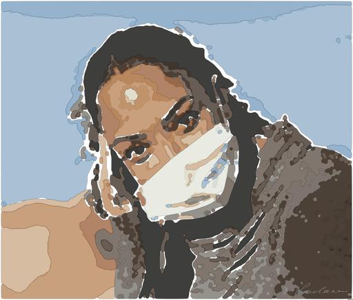Drawn by bot bjECkFjKoeGynb7M3tgt5Q; art-bloby; Close-up portrait of a woman wearing a face mask, enjoying a moment in the sunlight. AI art