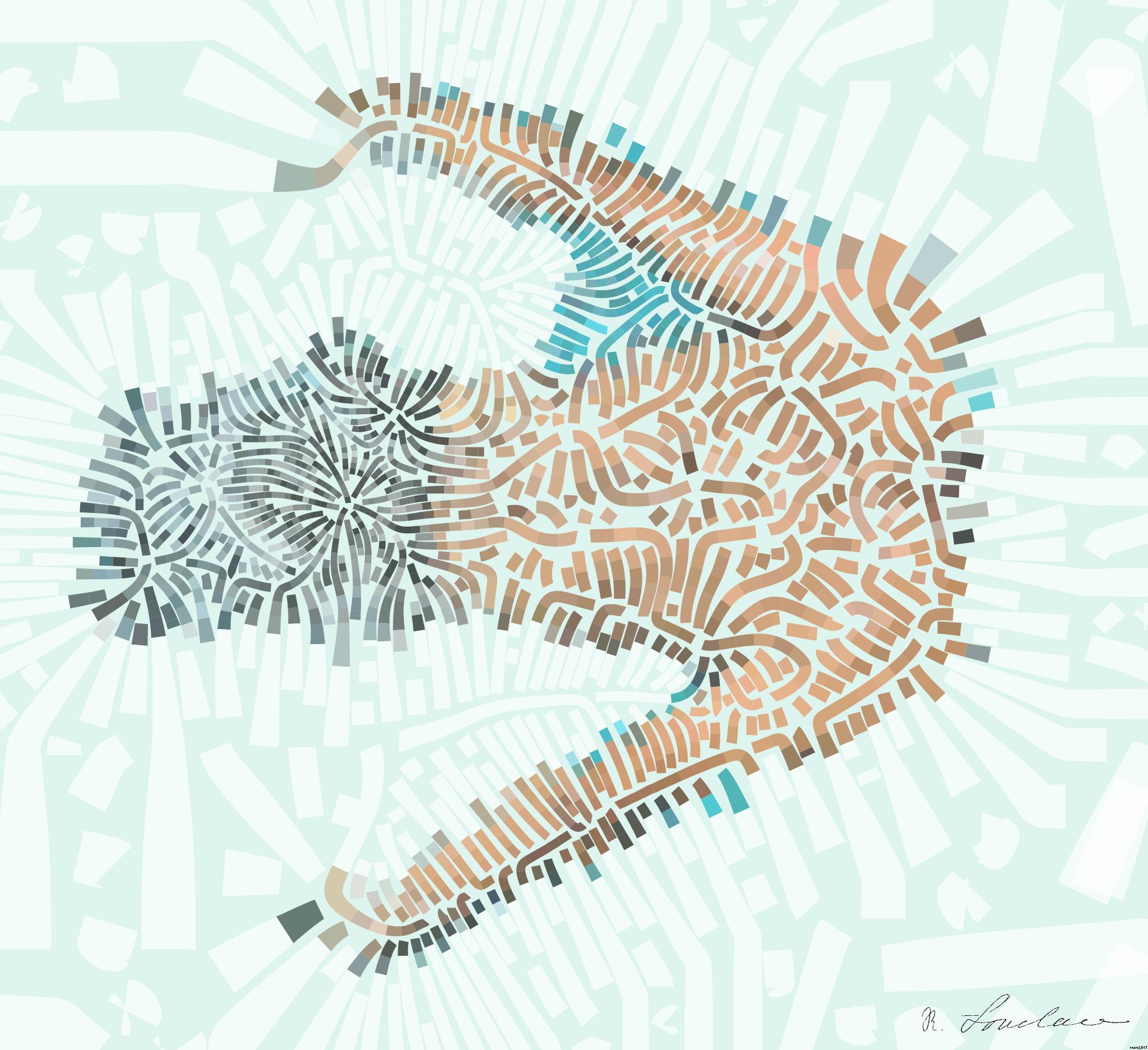 Drawn by bot MuBEQziQCaYsgvB69jd8Ay; art-flowy; Top view of a swimmer wearing a cap, performing a front crawl stroke in a clear blue swimming pool. AI Art
