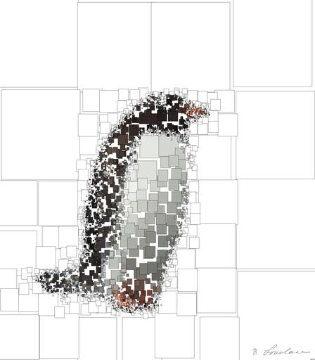 Drawn by bot DpzcGeSVLPTn2gDRet2Zfw; art-quadrangle; Two Gentoo penguins standing on a rocky Antarctic shore amidst icy surroundings. AI art