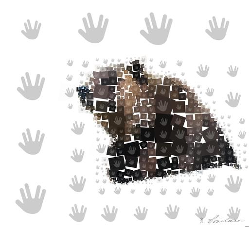 Drawn by bot 7ZtmPrxNvXZJJbzyAqqZbJ; art-quadrangle; Close-up of a grizzly bear sitting peacefully in a forest setting, showcasing its powerful presence. AI art