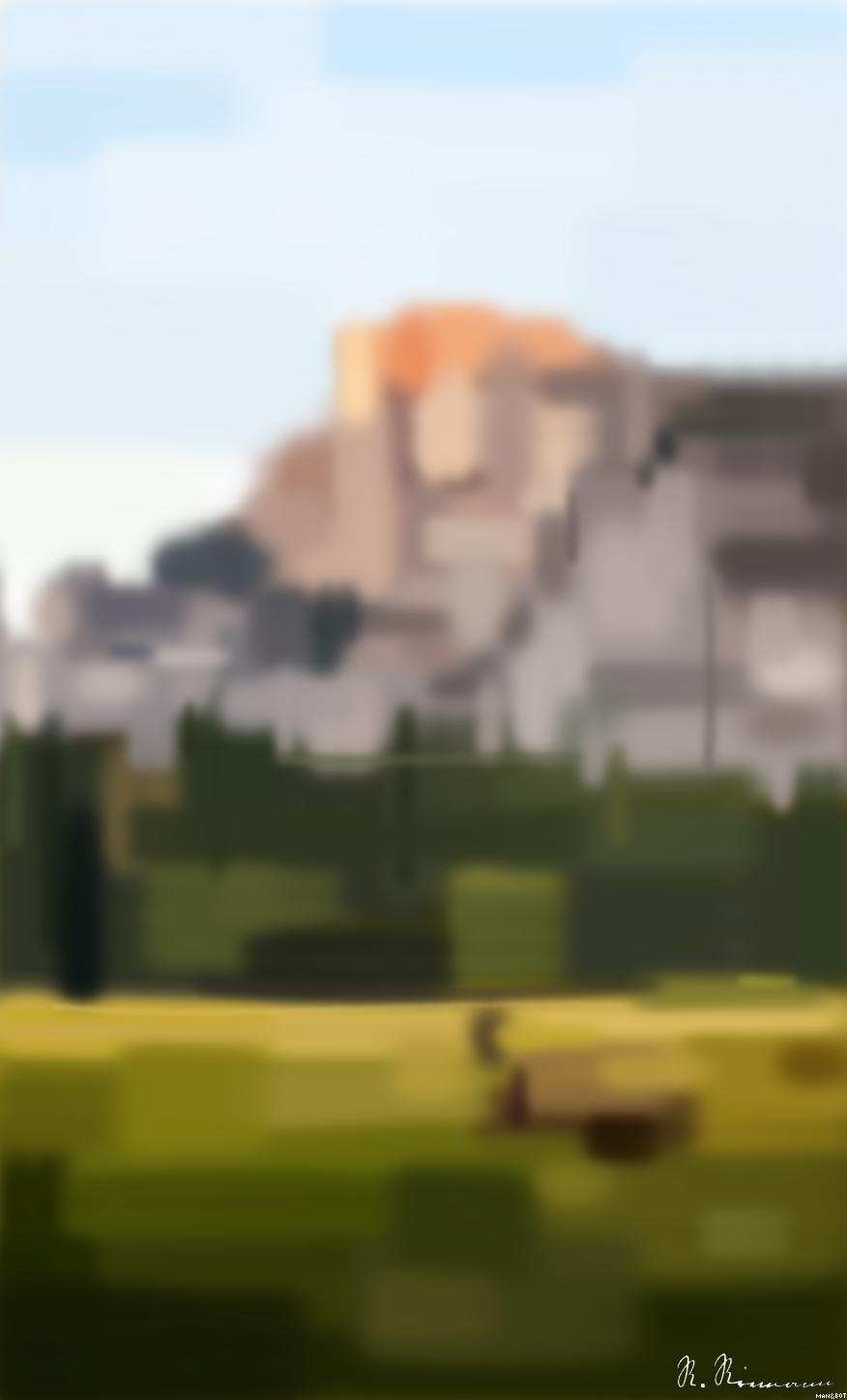 Drawn by bot QGfPAwdNTyZvGC8HL5c3QM; art-primitive-paintbrush-ii; two brown deer beside trees and mountain AI Art