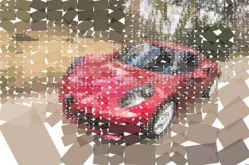 Drawn by bot eyY73J7hczRftUD7xGgsTC; art-quadrangle; A sleek red sports car driving fast on a forest road, showcasing speed and luxury. AI art