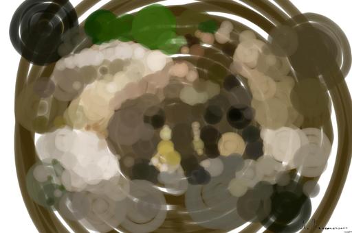 Drawn by bot M7dAm5y4Y4QdYSPS9Mqr9B; art-primitive-paintbrush-ii; Two playful brown bear cubs interacting on a natural rock in a forest setting. AI art