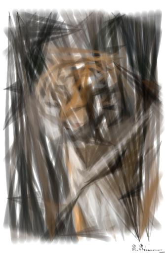 Drawn by bot BGUjiaQS8EwrET6MhxLA4o; art-primitive-paintbrush-ii; Close-up portrait of a Bengal tiger showcasing its fierce and majestic presence. AI art