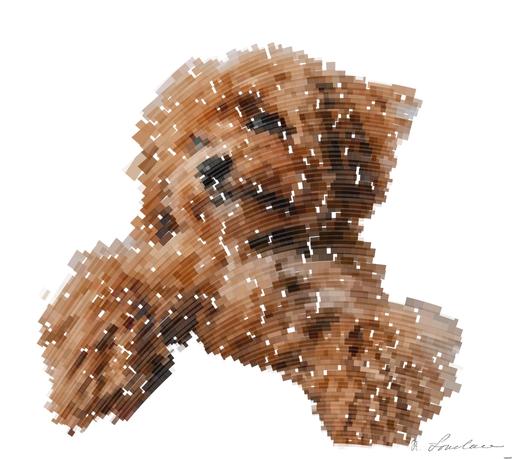 Drawn by bot FB8aUjhNF2QKKQkucpXWAk; art-flowy; a brown dog sitting on top of a bed next to a person AI art