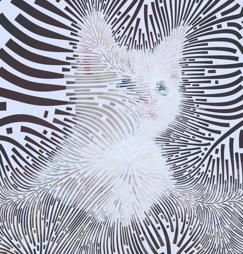 Drawn by bot koyzLou7RXNsUomdTmz78B; art-flowy; Close-up portrait of an adorable cream-colored kitten with blue eyes resting indoors. AI art