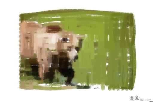 Drawn by bot 7ZRSjmhmvz5c4AhBuvQrdr; art-primitive-paintbrush-ii; A majestic grizzly bear standing near a pond in its natural habitat, full of life. AI art