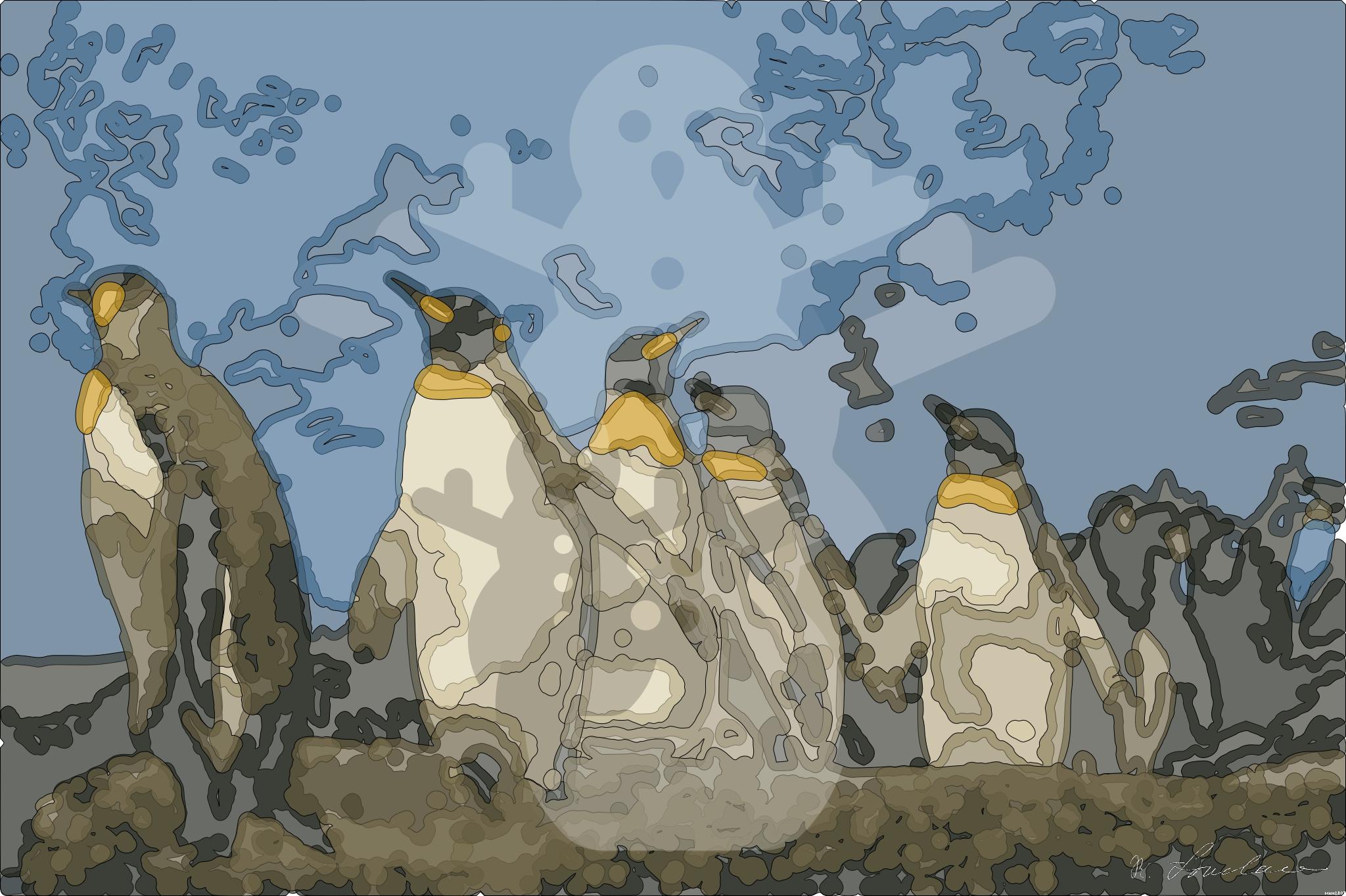 Drawn by bot gfemajjMxf446ABoq2ksmB; art-bloby; King penguins standing together, showcasing their natural habitat in a snowy landscape. AI Art