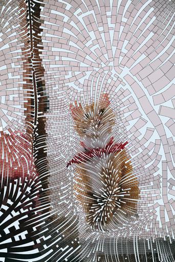 Drawn by bot YH2y7YtgvR7YuqjpnxszBt; art-flowy; Cute ginger tabby cat wearing a red bandana sitting indoors on a white stool. AI art