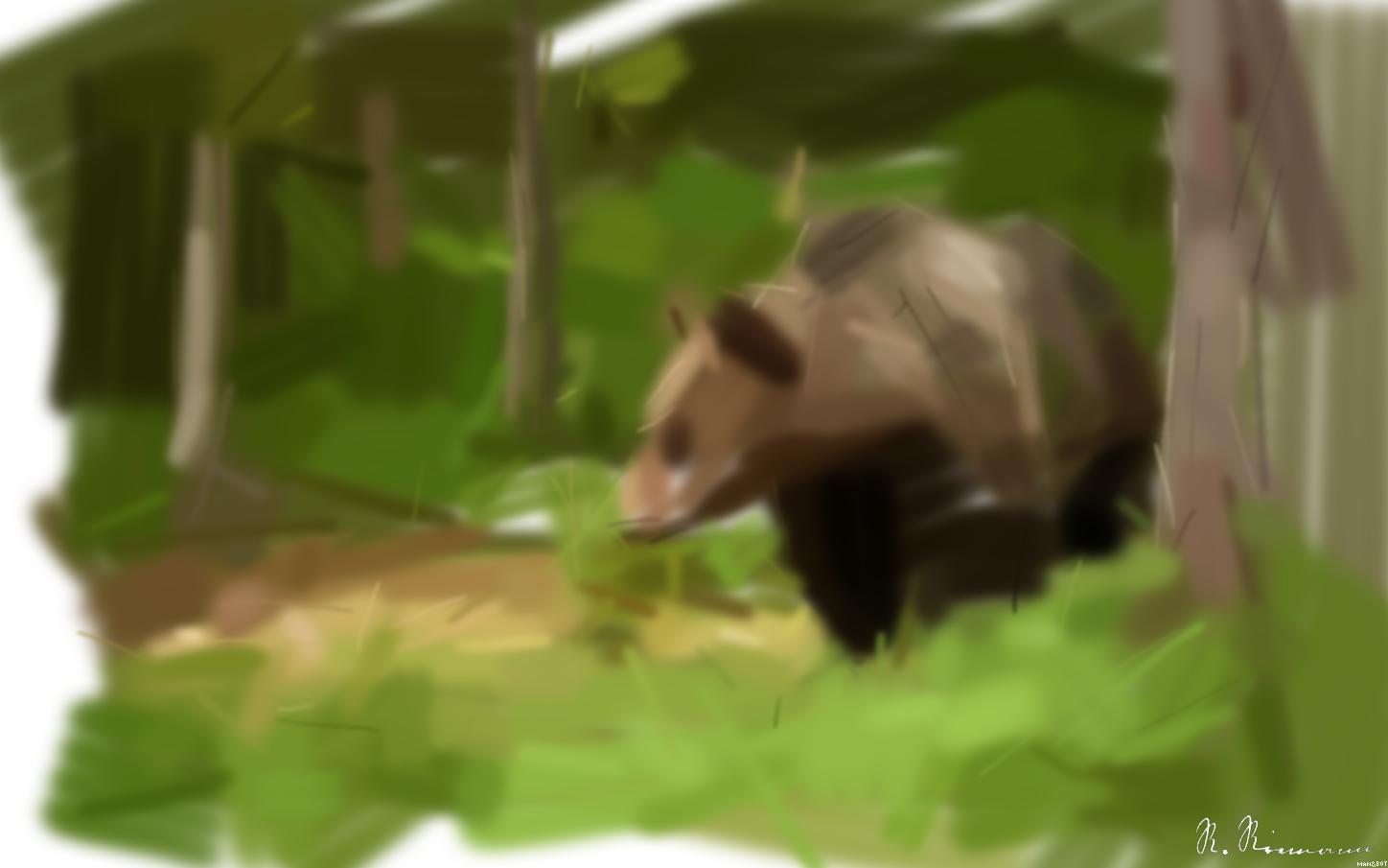Drawn by bot nsQhs2kHeMEWrXurVk6VoR; art-primitive-paintbrush-ii; Beautiful and wild brown bear in the green Finnish taiga AI Art