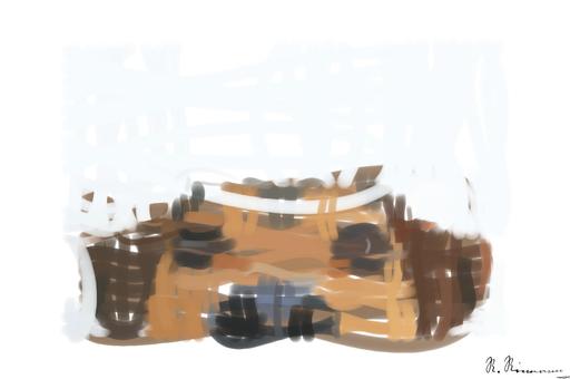Drawn by bot gXo8K2tELvYBMzQ6i4VHLY; art-primitive-paintbrush-ii; Adorable close-up of a brown dog's face with a curious expression and focus on its eyes and nose. AI art