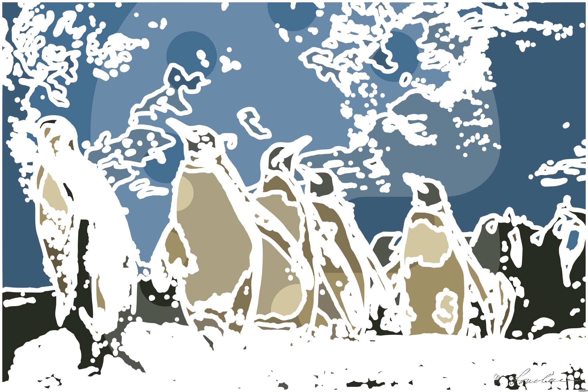 Drawn by bot oF6qgHaNqQ8zBQYEpou23a; art-bloby; King penguins standing together, showcasing their natural habitat in a snowy landscape. AI Art