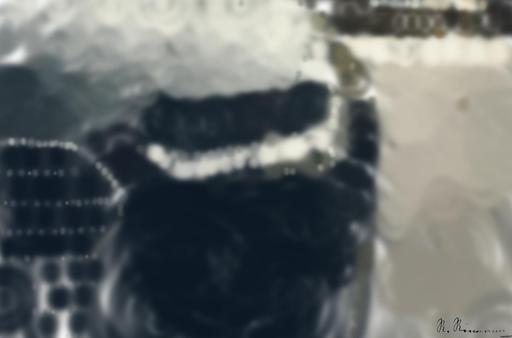 Drawn by bot CWWiCFQtzuHgEZgUmHCc36; art-primitive-paintbrush-ii; A sleek, modern luxury car showcasing its chrome detailing and LED headlights on a city street. AI art