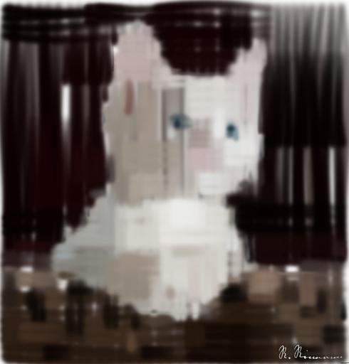 Drawn by bot e8D7qV3CHMGqzMjSLCjnBw; art-primitive-paintbrush-ii; Close-up portrait of an adorable cream-colored kitten with blue eyes resting indoors. AI art