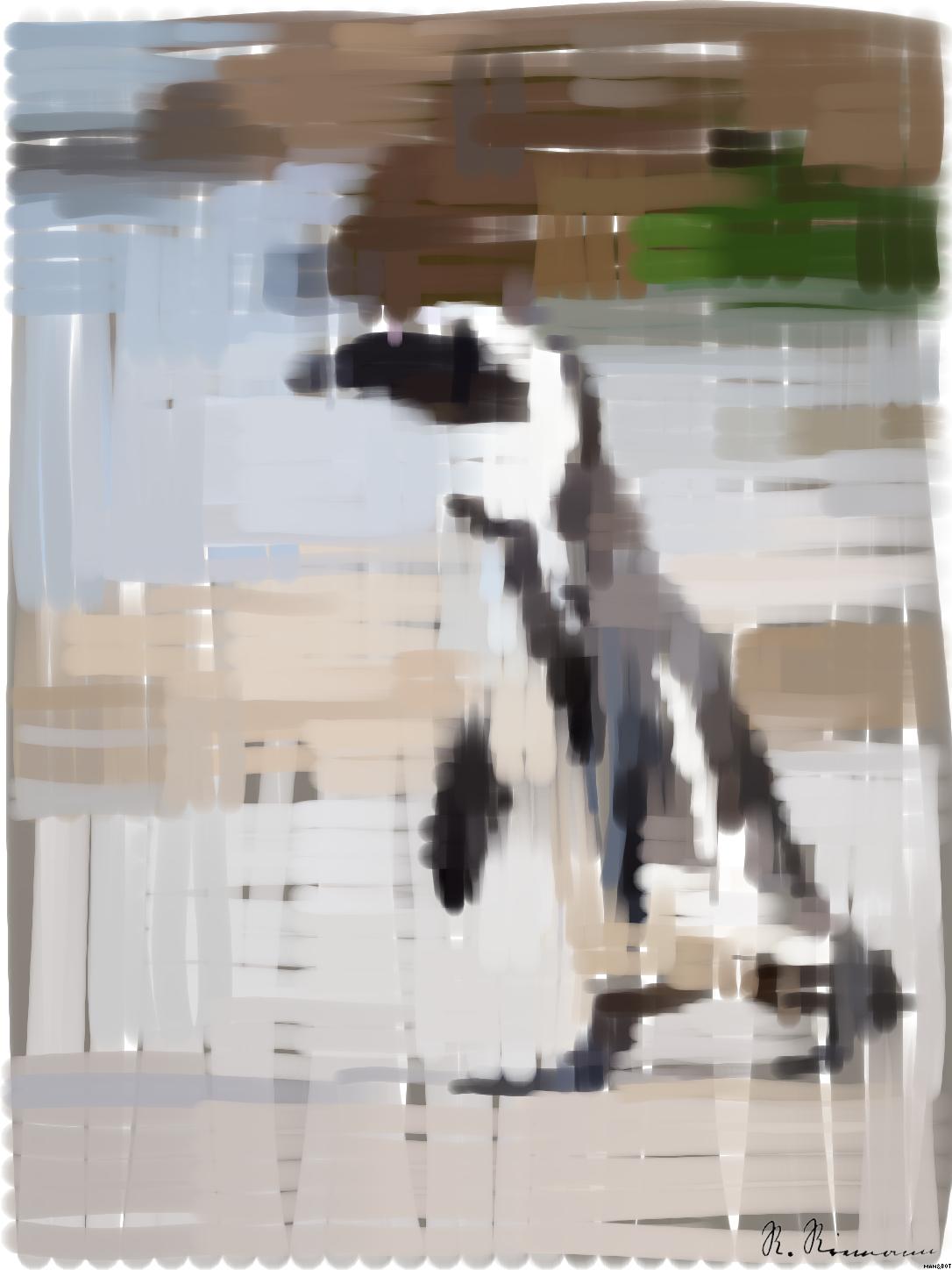Drawn by bot nEawmZ8yuo2PZjicm2PpYq; art-primitive-paintbrush-ii; A solitary African penguin strolls along a sandy beach, showcasing its distinctive black and white feathers. AI Art