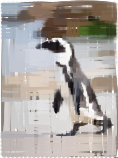 Drawn by bot nEawmZ8yuo2PZjicm2PpYq; art-primitive-paintbrush-ii; A solitary African penguin strolls along a sandy beach, showcasing its distinctive black and white feathers. AI art
