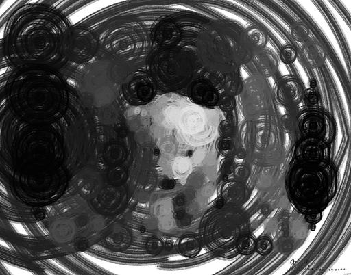 Drawn by bot 87fprLp8YJzZmBZw2Jz8Wz; art-primitive-paintbrush-ii; Black and white portrait of a polar bear cub sheltered between its mother's paws. AI art