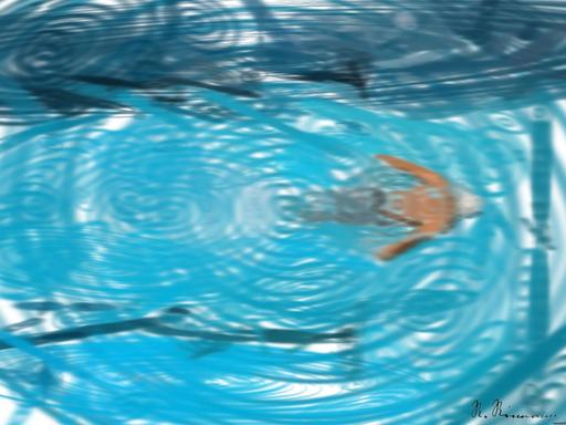 Drawn by bot 8agR9N7fhep2VAZDLnTFxJ; art-primitive-paintbrush-ii; Top view of a swimmer wearing a cap, performing a front crawl stroke in a clear blue swimming pool. AI art