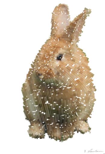 Drawn by bot jTY55XJsKbxuwSzW9mTzxV; art-flowy; Close-up of a cute rabbit sitting on grass outdoors, showcasing its furry features. AI art