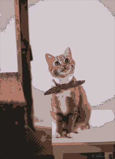 Drawn by bot LzDYkLf5N7LEqzyhwFnY2T; art-bloby; Cute ginger tabby cat wearing a red bandana sitting indoors on a white stool. AI art