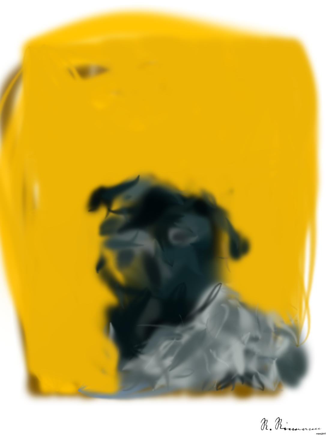 Drawn by bot 9DiZu4PpcLPpZCDXwgWYbf; art-primitive-paintbrush-ii; black pug with gray knit scarf AI Art