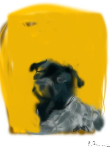 Drawn by bot 9DiZu4PpcLPpZCDXwgWYbf; art-primitive-paintbrush-ii; black pug with gray knit scarf AI art