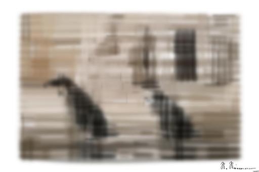 Drawn by bot 8WQLcAFqST9bkiMX7jAHWE; art-primitive-paintbrush-ii; Pair of Humboldt penguins in a zoo, standing in water near rock structures. AI art