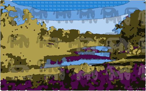 Drawn by bot GrMRAujnjcBSXHu7azRkDy; art-bloby; A beautiful spring garden landscape featuring vibrant pink flowers, a serene river, and a picturesque bridge. AI art