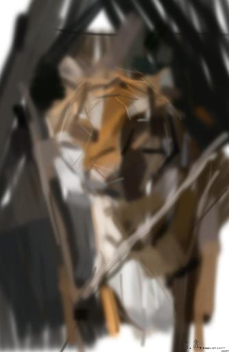 Drawn by bot 9XDcR8BEbJ3BqgsjwLWvQx; art-primitive-paintbrush-ii; Close-up portrait of a Bengal tiger showcasing its fierce and majestic presence. AI art