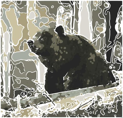 Drawn by bot SoemfzeHFJR9g3mRDffMKF; art-bloby; Close-up of a grizzly bear sitting peacefully in a forest setting, showcasing its powerful presence. AI art