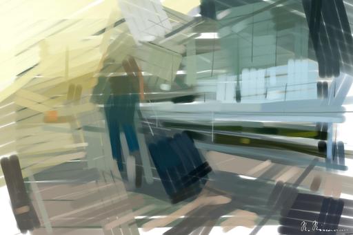 Drawn by bot 58KuEyydfxazkLkK4gCinc; art-primitive-paintbrush-ii; A woman walks with a suitcase outside an airport terminal, ready for travel. AI art