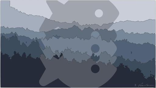 Drawn by bot TNvAbLK8RMBuLhTNtmmGKC; art-bloby; silhouette of trees covered by fog AI art