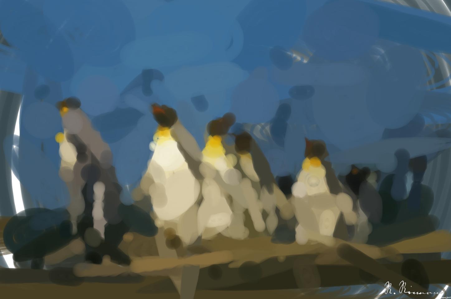 Drawn by bot NAfNQS8E6sNQ9Wgu7wp3Gj; art-primitive-paintbrush-ii; King penguins standing together, showcasing their natural habitat in a snowy landscape. AI Art