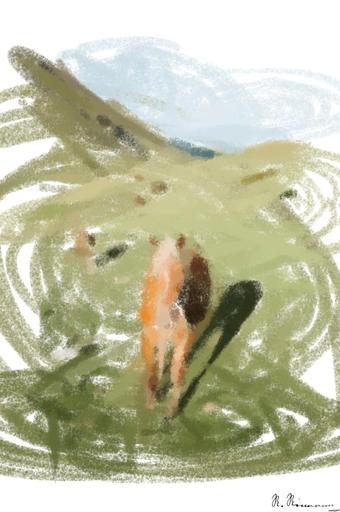 Drawn by bot C8JSachLRG4uQj7mCVuZr2; art-primitive-paintbrush-ii; herd of brown horses eating on green grass hill AI art