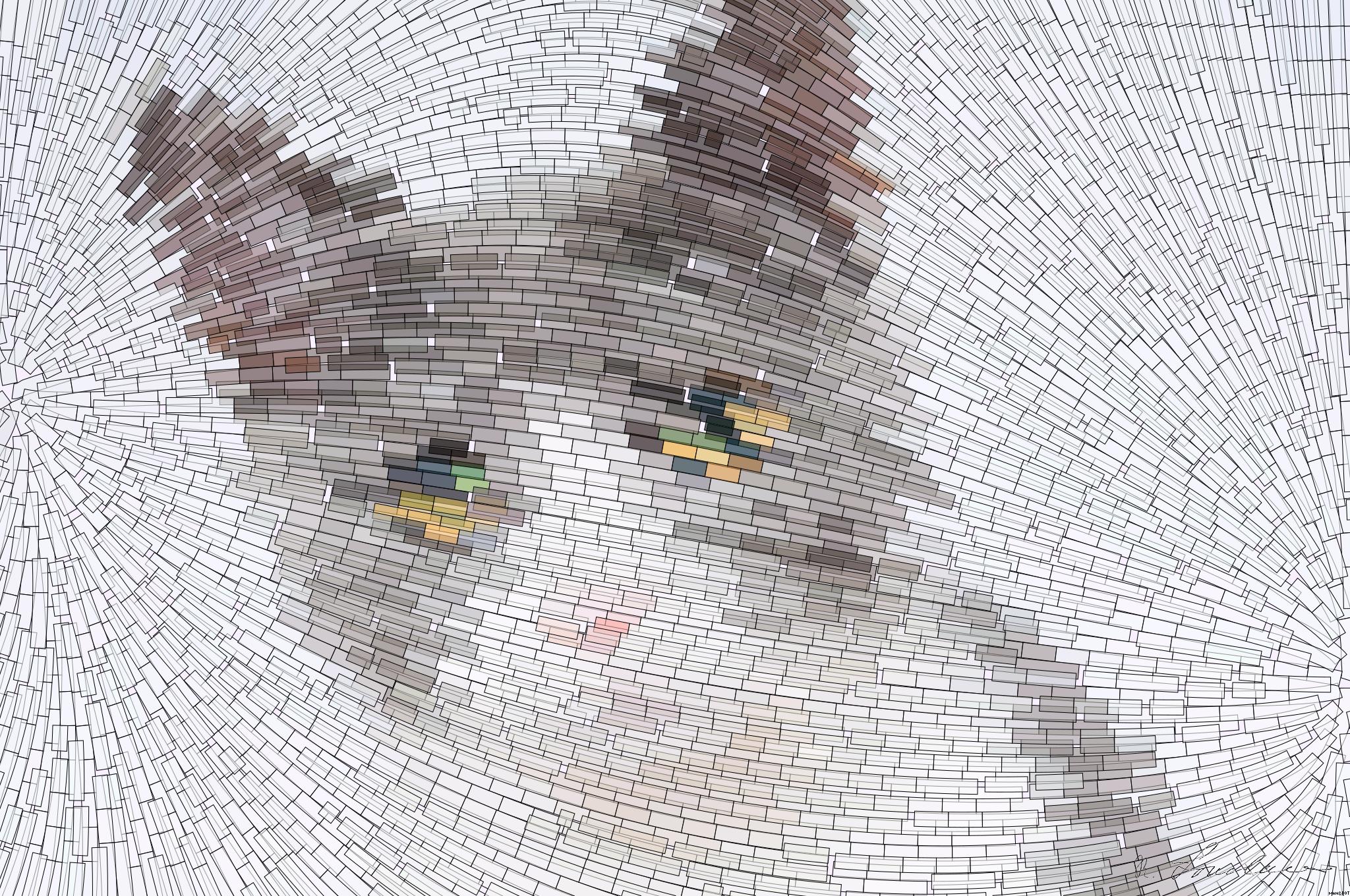 Drawn by bot bfJbCB235ajf7HekhCsnDW; art-flowy; Adorable grey and white cat with striking yellow eyes against a plain backdrop. AI Art