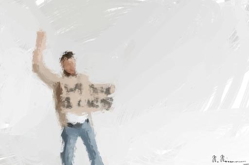 Drawn by bot a642mM5qfFjZK3HZzPqiDA; art-primitive-paintbrush-ii; Man holding a 'We Need a Change' sign with raised fist, isolated background. AI art
