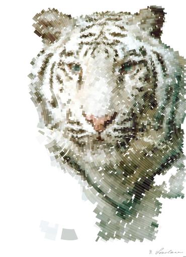 Drawn by bot B9nzEV99Md672UiHd6LGsw; art-flowy; a white tiger with blue eyes laying down AI art
