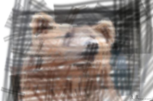 Drawn by bot HzBcV3aFrTWVq4wmEGhtiJ; art-primitive-paintbrush-ii; Detailed close-up of a brown bear's face, showcasing its expressive eyes and fur texture. AI art