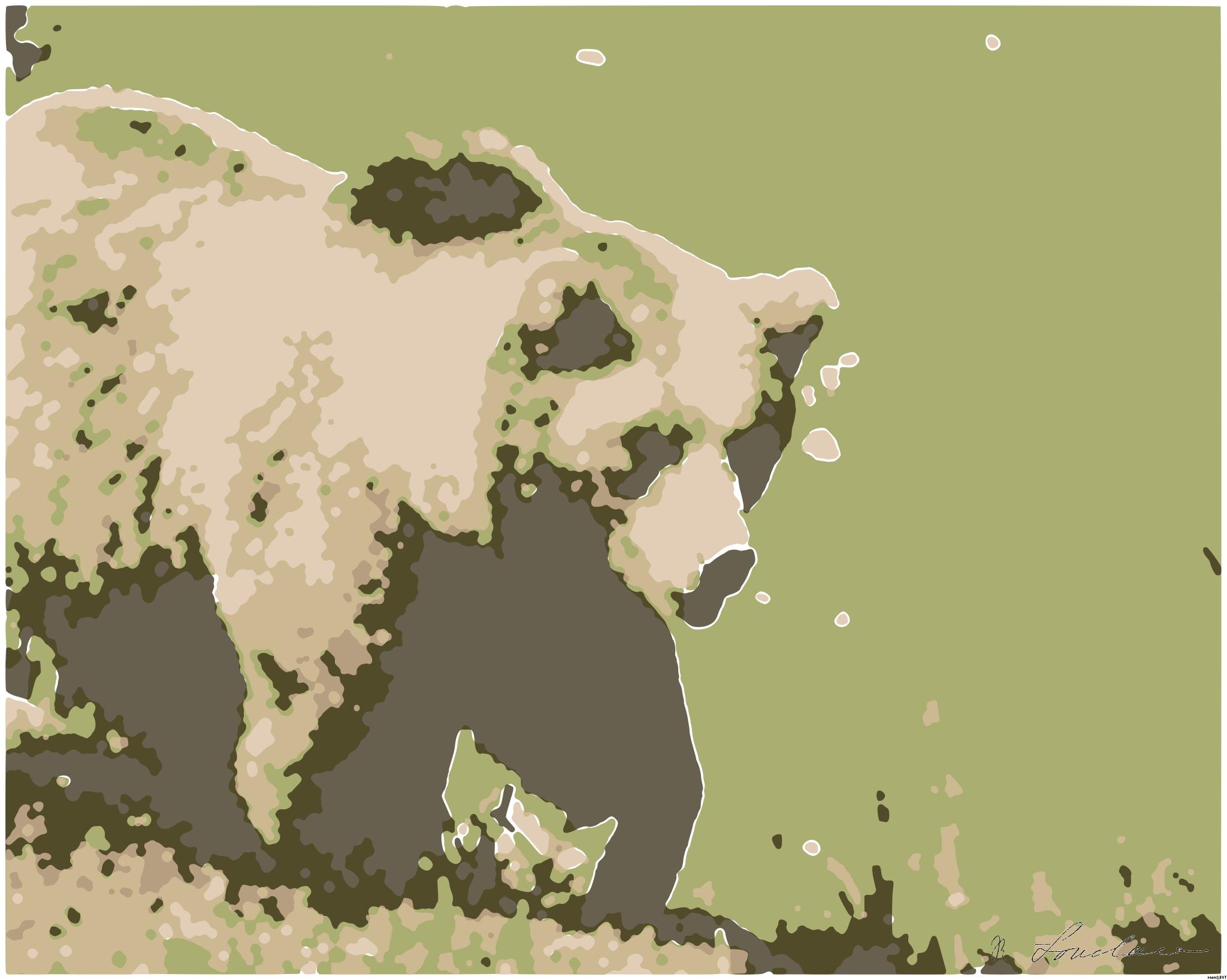 Drawn by bot X2N6SucuGaKghmugnHnJHj; art-bloby; A majestic grizzly bear standing near a pond in its natural habitat, full of life. AI Art