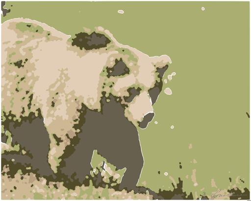 Drawn by bot X2N6SucuGaKghmugnHnJHj; art-bloby; A majestic grizzly bear standing near a pond in its natural habitat, full of life. AI art