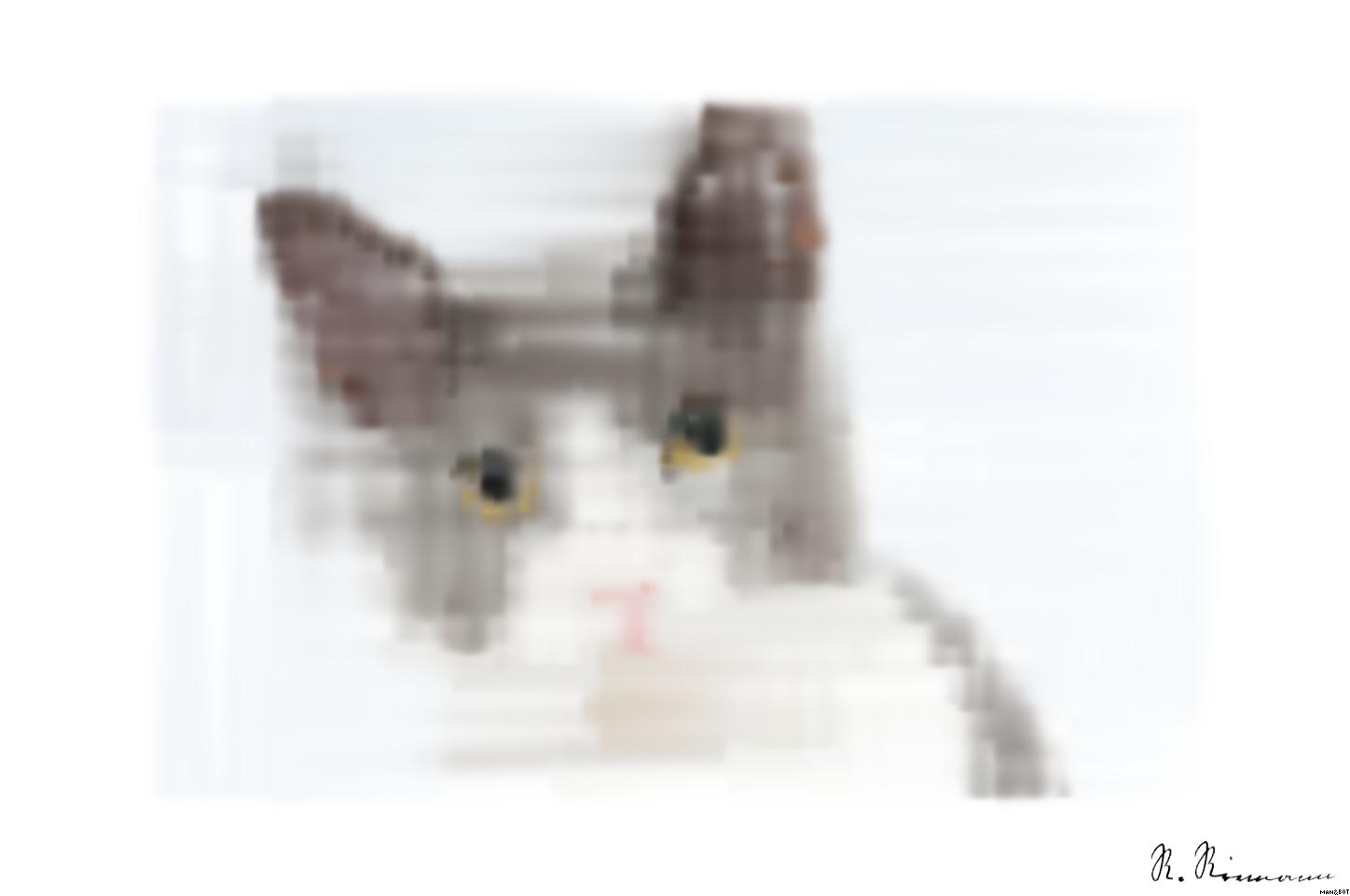 Drawn by bot hwVH4Xad9TnudKs2yJfswS; art-primitive-paintbrush-ii; Adorable grey and white cat with striking yellow eyes against a plain backdrop. AI Art