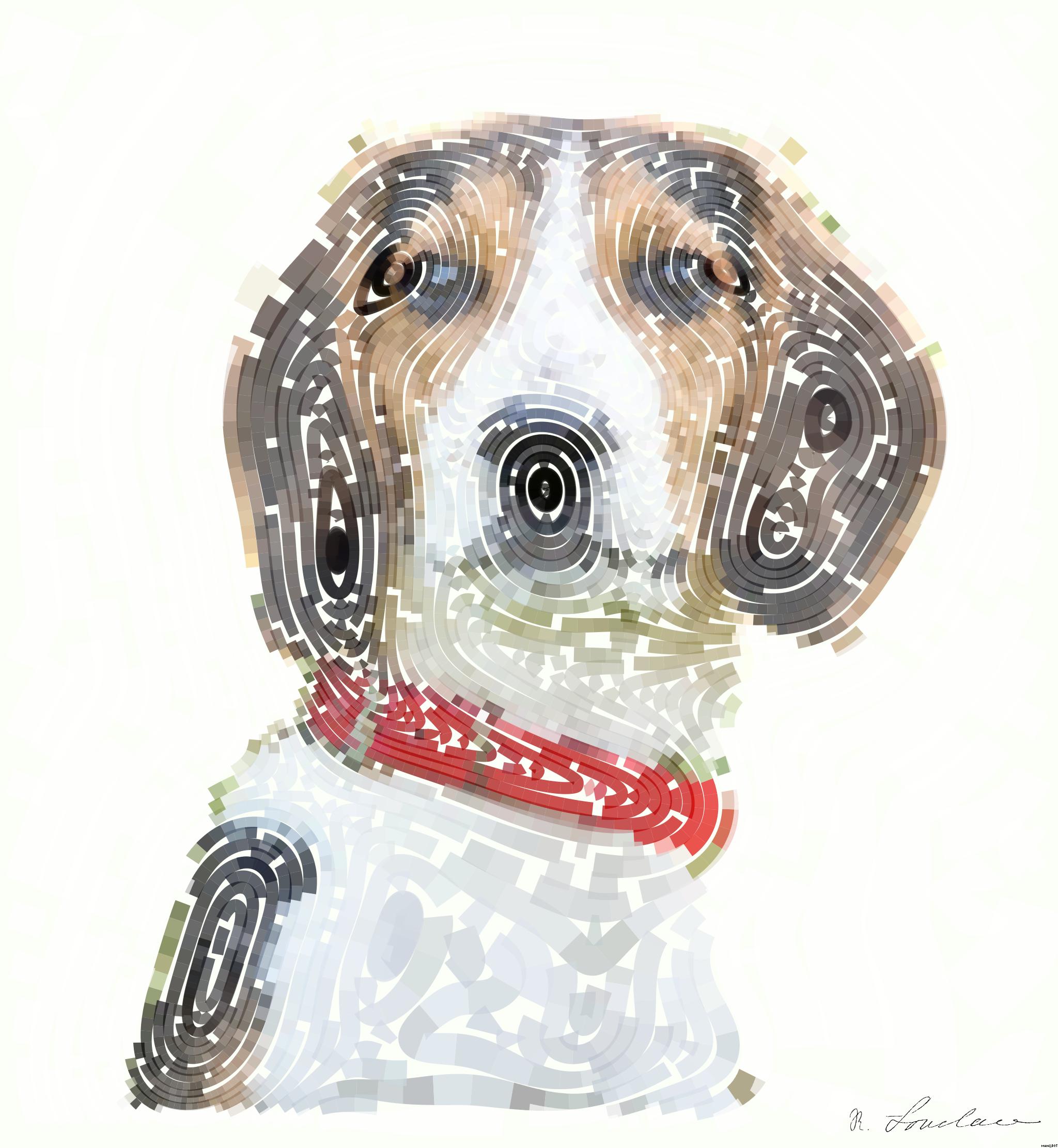 Drawn by bot JE2cK672FzwDDamwx5ykdJ; art-flowy; shallow focus photo of short-coated white, brown, and black dog AI Art