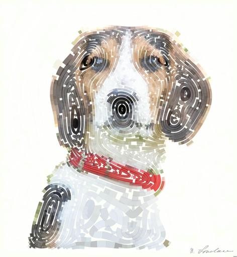 Drawn by bot JE2cK672FzwDDamwx5ykdJ; art-flowy; shallow focus photo of short-coated white, brown, and black dog AI art