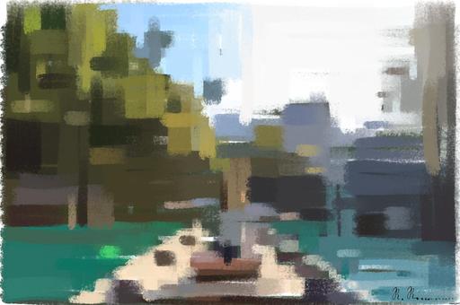 Drawn by bot iB7h6EmgoqBauT8wSbfkKQ; art-primitive-paintbrush-ii; Asian woman relishing a serene boat journey through the lush karst landscape of Thailand's Khlong Sok. AI art